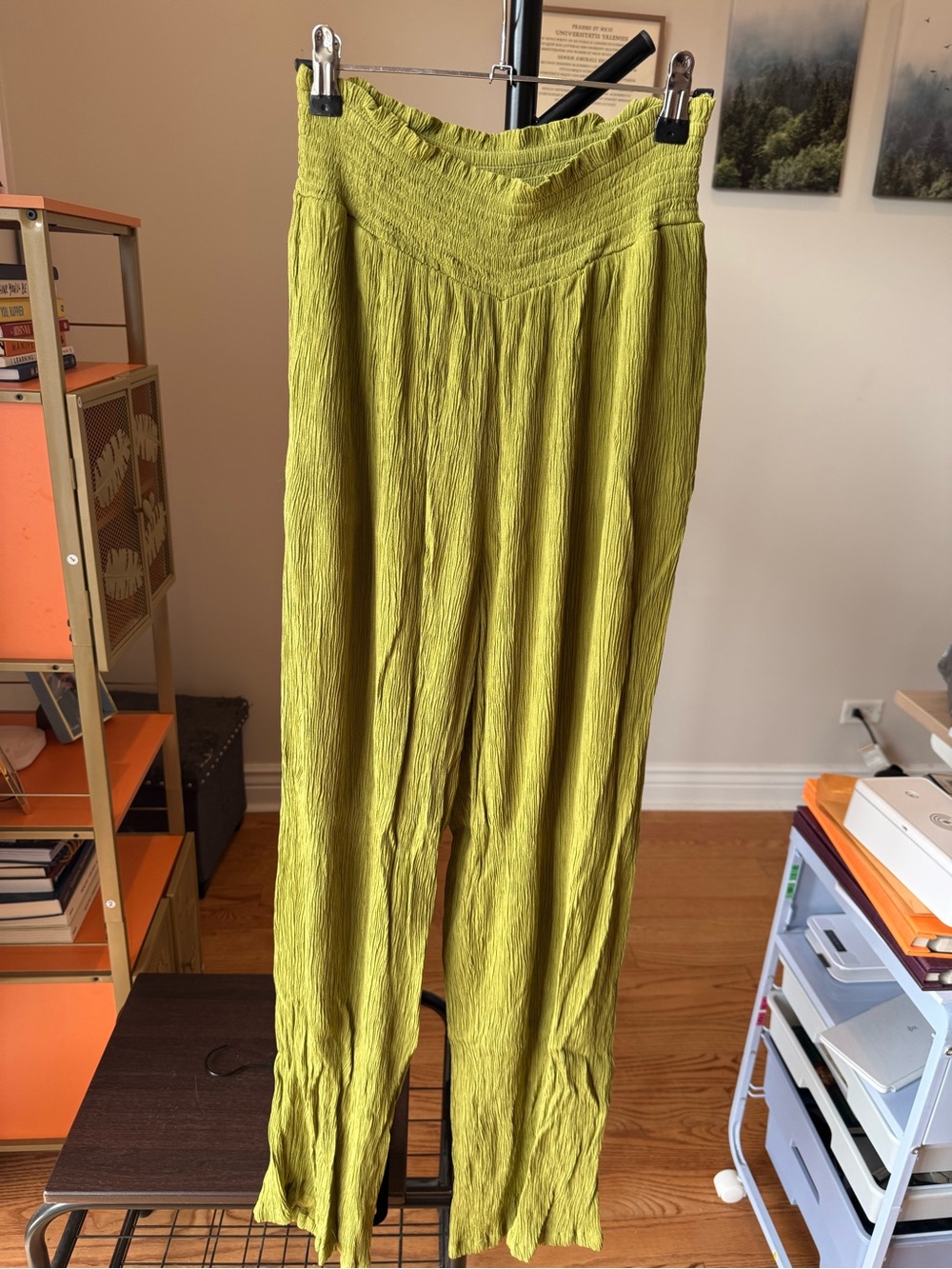 Lucy&Yak Lime Green Crinkled Stretchy Wide-Leg Pants